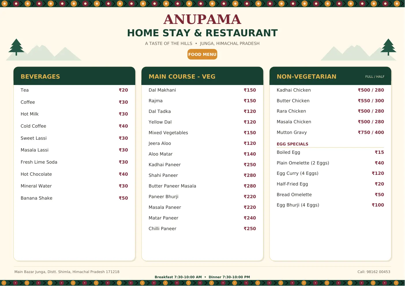 Anupama Restaurant menu: beverages, vegetarian mains, non-vegetarian food and egg specials