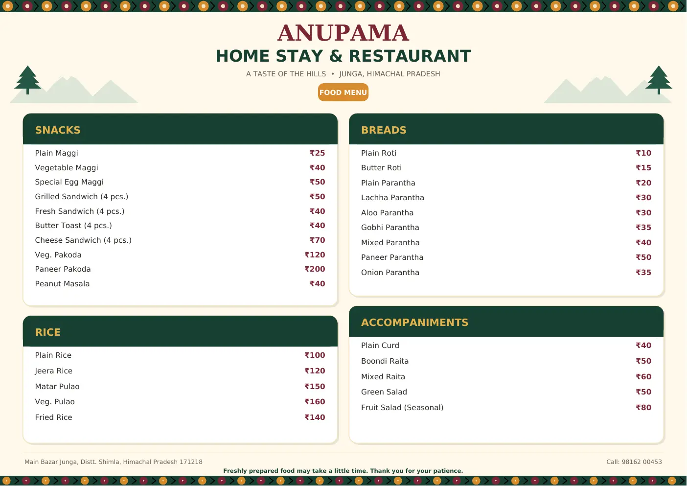 Anupama Restaurant menu: snacks, rice, breads and accompaniments